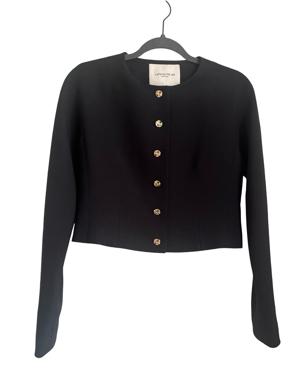 Lafayette 148 Blazer Jacket Jeweled Button Black Wool Silk Professional Sz 0 EUC